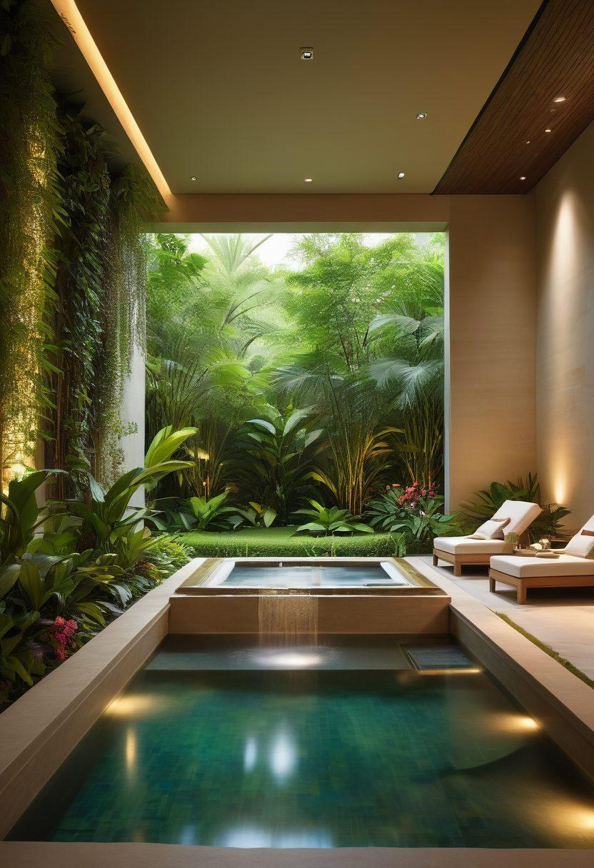 A serene scene depicting a luxurious wellness spa nestled in a lush green landscape, featuring tranquil water fountains, comfortable lounge chairs, and soft ambient lighting. Include individuals enjoying relaxation treatments like massages and yoga, with vibrant flowers and natural elements in the background. Infuse a sense of calm and indulgence throughout the image. super-realistic. vibrant colors. peaceful atmosphere.