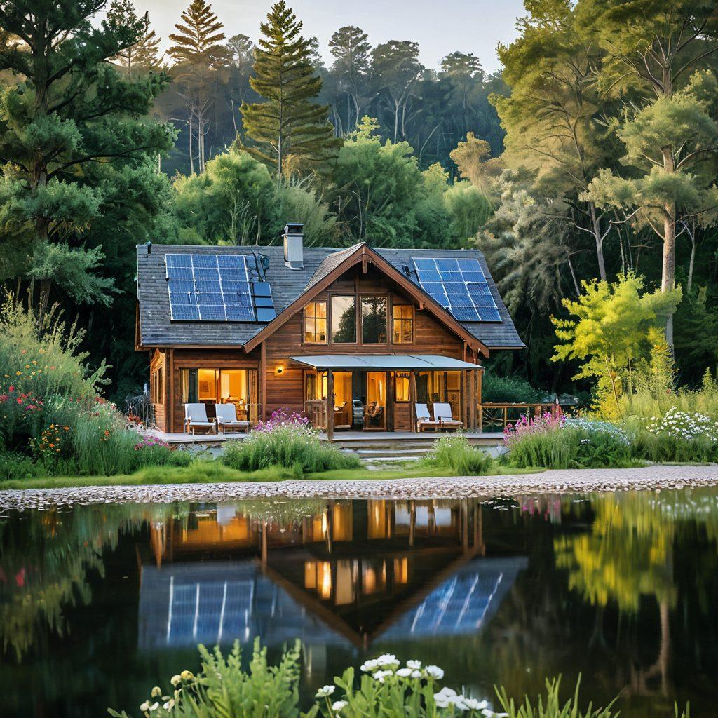 A serene eco-friendly auberge nestled in a lush green landscape, showcasing luxurious wooden cabins with large windows overlooking a tranquil lake. The setting sun casts a golden glow, creating a warm and inviting atmosphere. Include elegantly arranged outdoor seating with plush cushions, surrounded by blooming wildflowers. Add subtle eco-friendly elements like solar panels and rainwater trees. watercolor painting. soothing color palette. natural light.