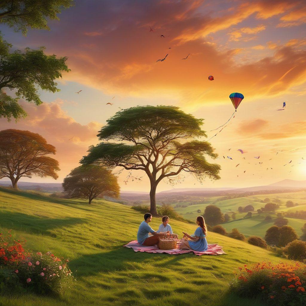 A picturesque landscape featuring a couple enjoying a romantic picnic on a hilltop, with a stunning sunset in the background. In the foreground, playful children are flying kites nearby, symbolizing family-friendly fun. Surround the scene with lush greenery and elegant flowers to accentuate the blend of adventure and elegance. Soft, warm colors enhance the romantic mood. super-realistic. vibrant colors. 3D.